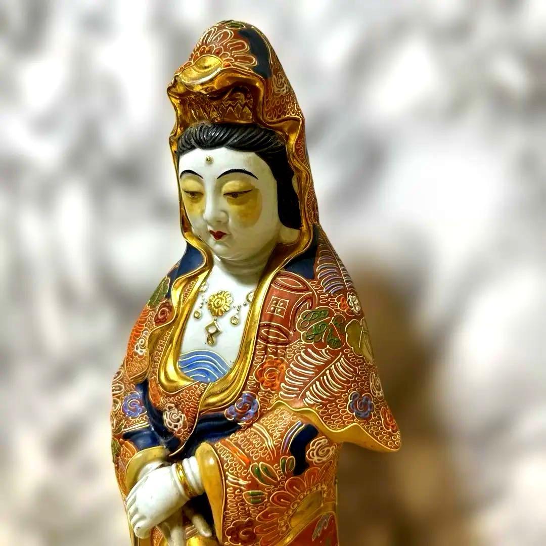 九谷焼 金彩 観音菩薩 骨董品 美術置物 仏像 九谷焼 聖観音菩薩像 立像