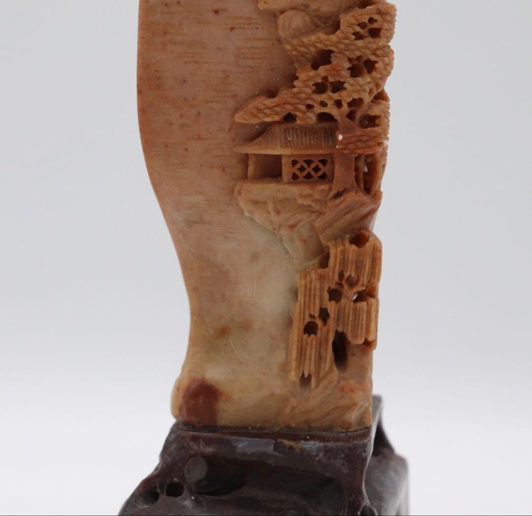 中国 寿山石 花瓶 浮き彫り山水楼閣 送料込み250510 美術品