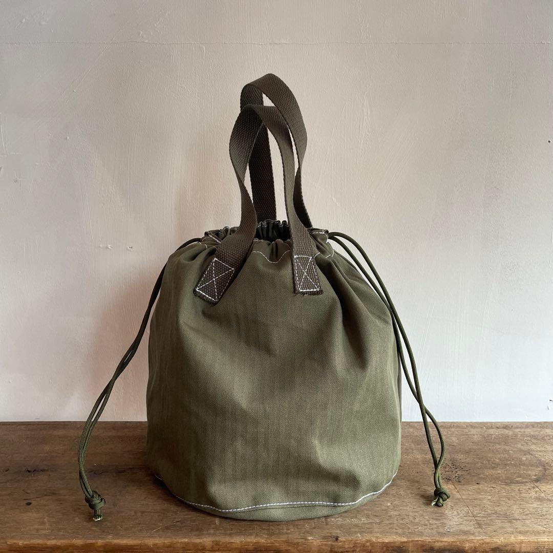 【巾着トートバッグ】ヘリンボーンツイル　ミリタリーカーキ　USARMY