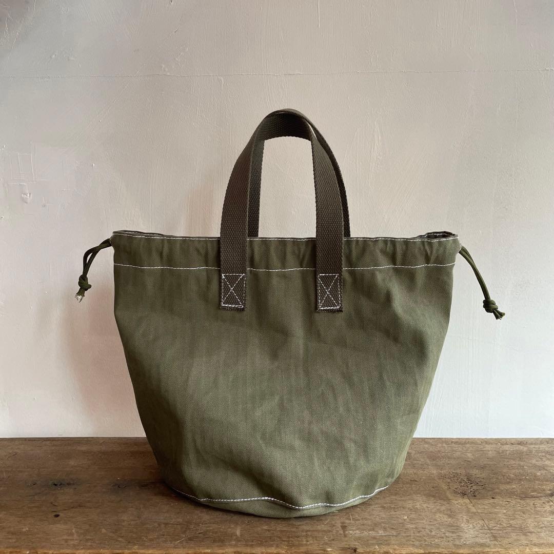 【巾着トートバッグ】ヘリンボーンツイル　ミリタリーカーキ　USARMY