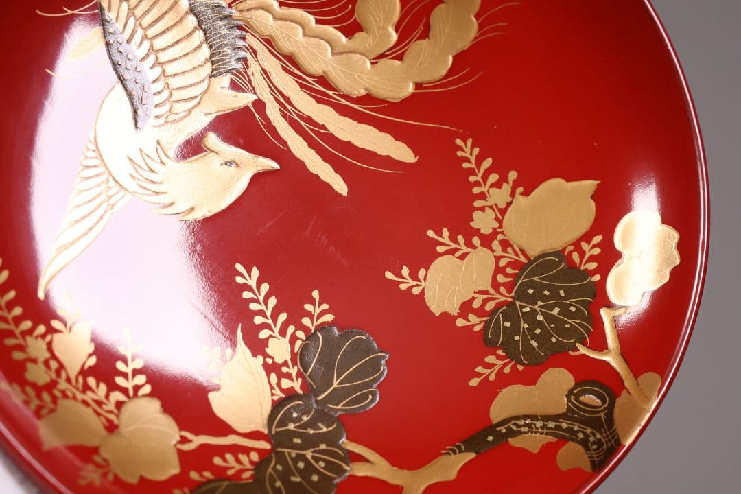 【CM244】時代木製漆器 桐鳳凰・菊 金蒔絵 朱塗 引盃 五客 木製漆器 小皿