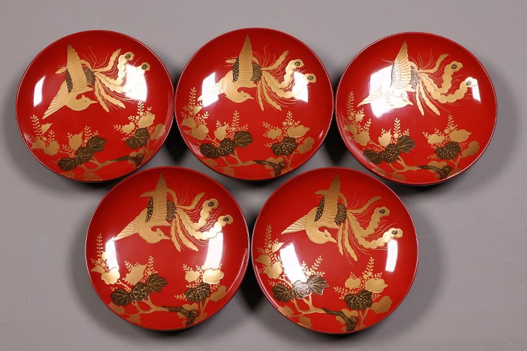【CM244】時代木製漆器 桐鳳凰・菊 金蒔絵 朱塗 引盃 五客 木製漆器 小皿