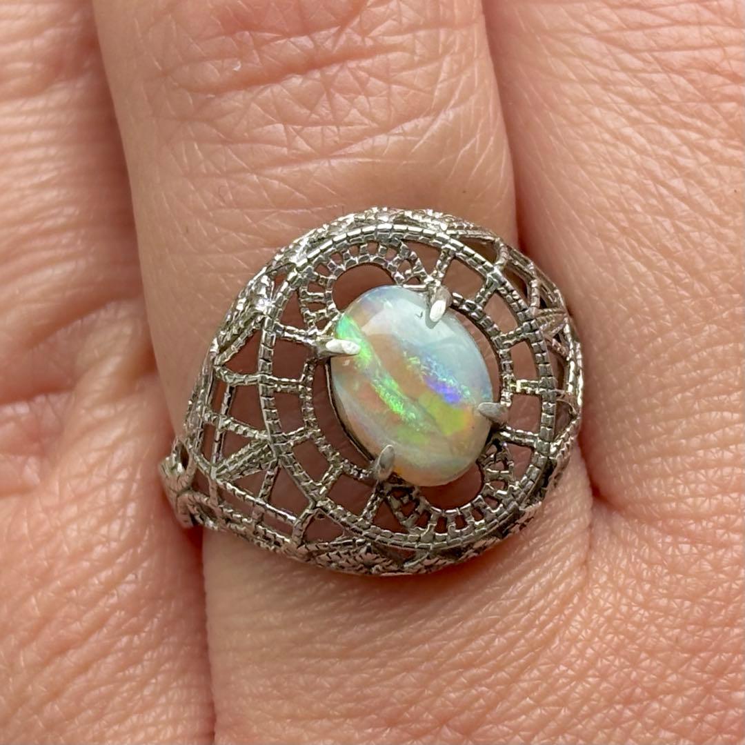 セミブラックオパールシルバーリングアールデコ フィリグリースタイル