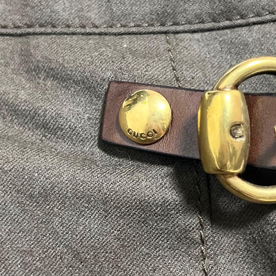 美品✨ GUCCI プリーツスカート ビット レザー 金ボタン ウール カーキ