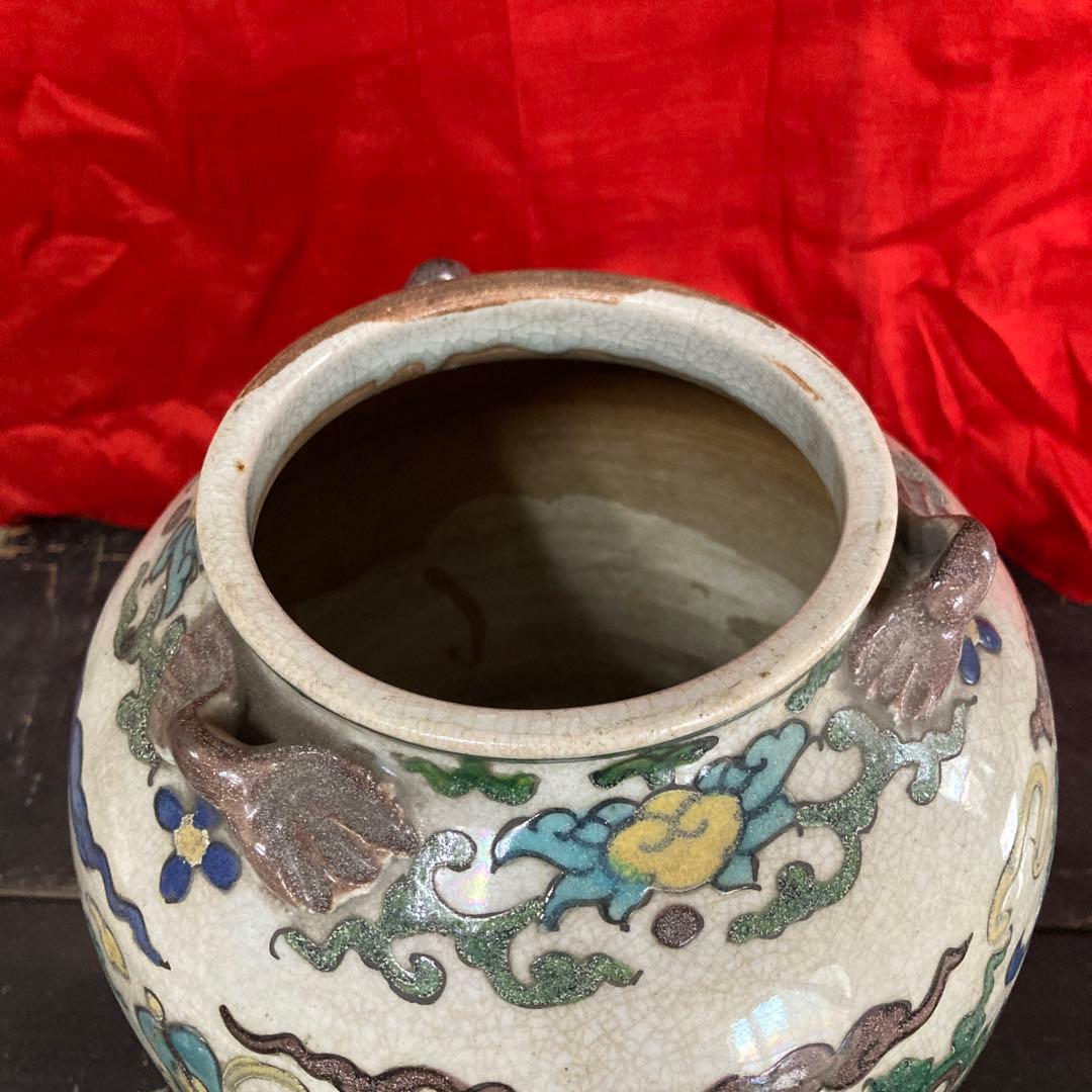 中国 色絵 三耳壺 鳳凰図