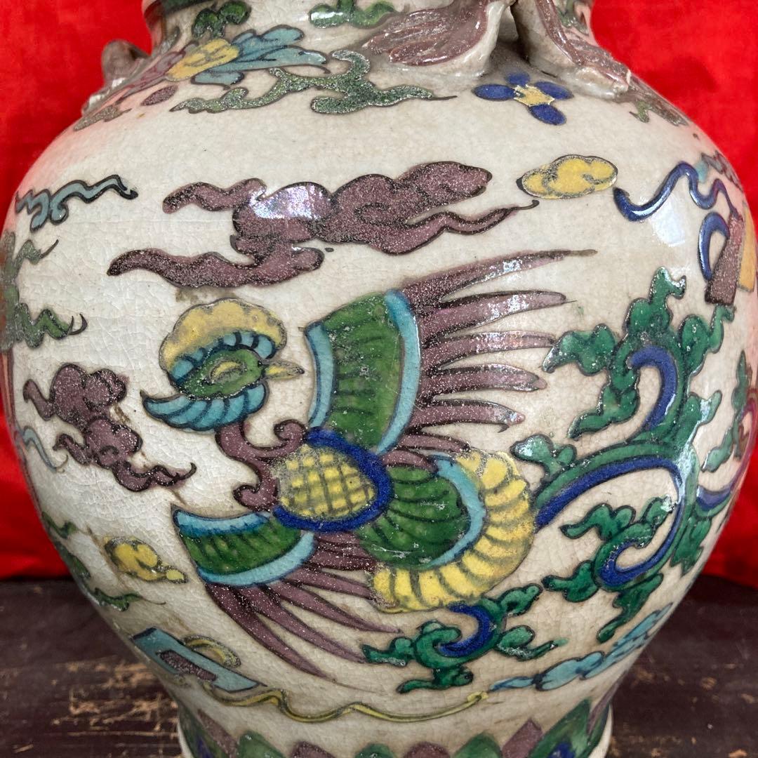 中国 色絵 三耳壺 鳳凰図