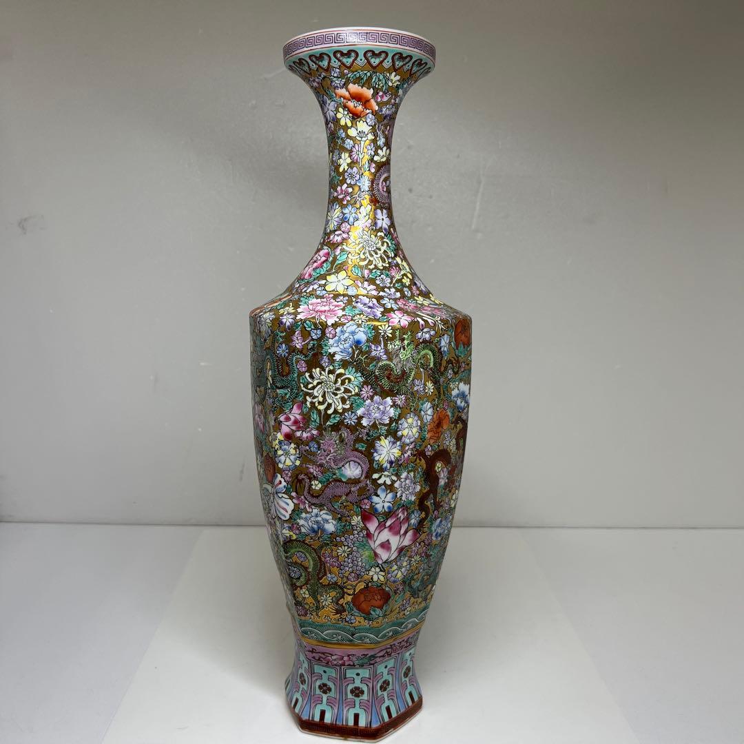 中国美術　粉彩　花と龍図花瓶　高さ44㎝　東Y7-0530③タサオ