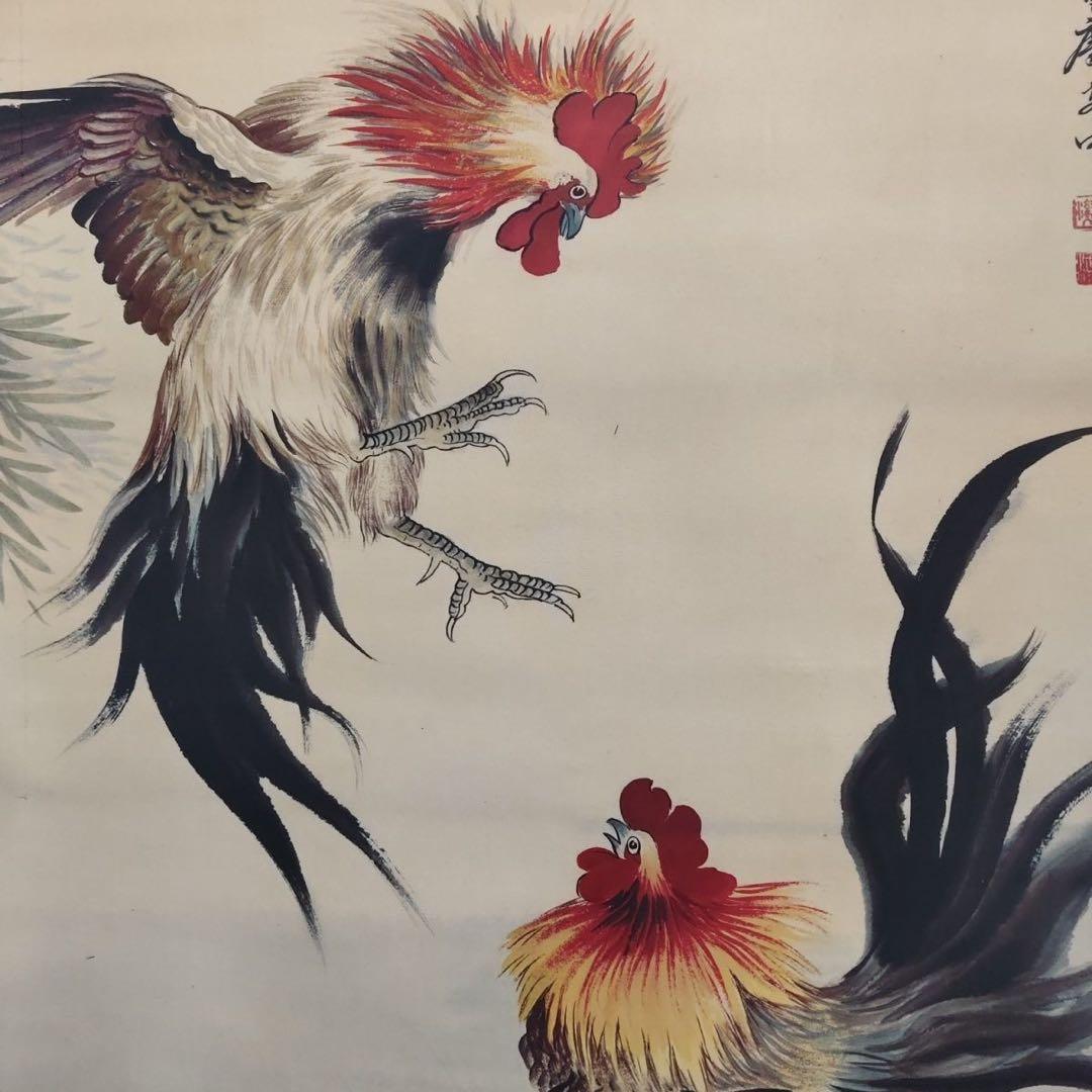 徐悲鴻《雄鶏図》　四尺中堂　掛軸　中国名人書画　絹本 壁掛け装飾