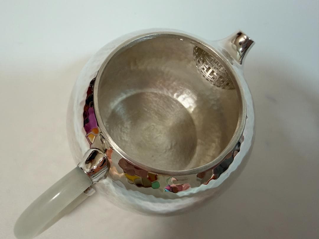 純銀製 丸形 玉石摘 鎚目紋 急須 銀瓶 煎茶道具 銀製 純銀