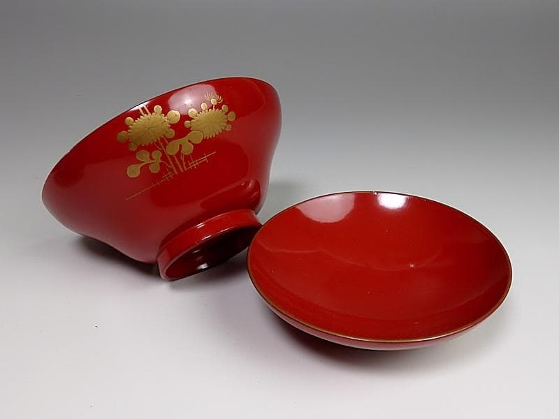 金蒔絵　 小菊の図　 朱塗吸物椀　木製品　６客　A- GGm