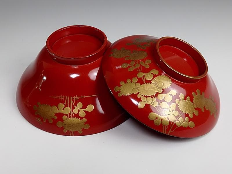 金蒔絵　 小菊の図　 朱塗吸物椀　木製品　６客　A- GGm