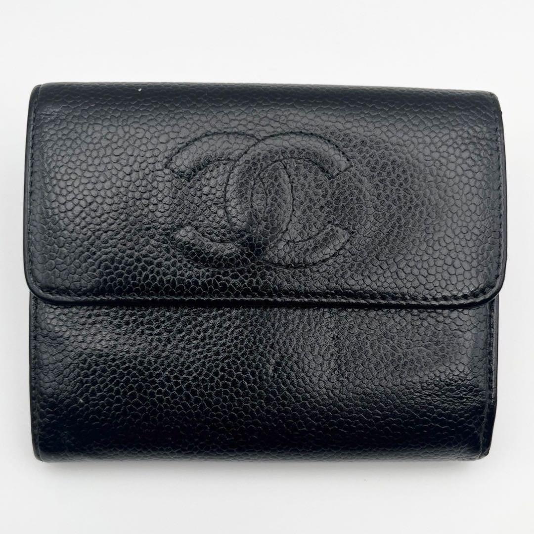 CHANEL キャビアスキン 三つ折り財布 シャネル 箱付き