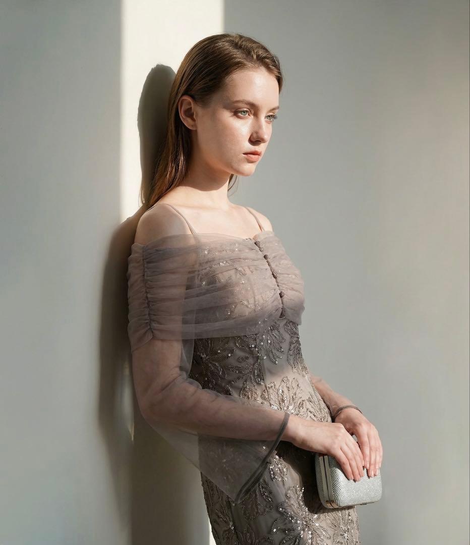 LEJAチュールオフショルダー花柄Iラインドレスワンピース 2点セット