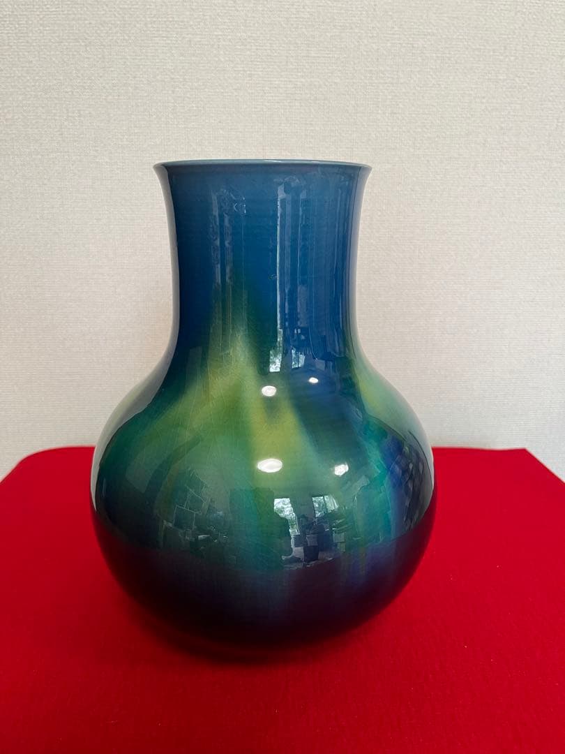 人間国宝 三代 徳田八十吉（正彦銘）碧明釉 花入 高さ 約23.5㎝ T213