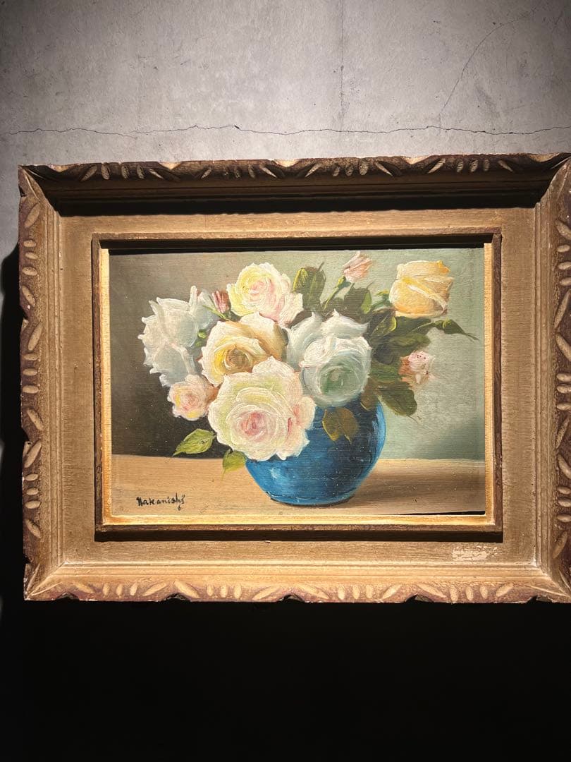 真作」浦野光江「野菊」静物画油彩画額装サイン有りSM号