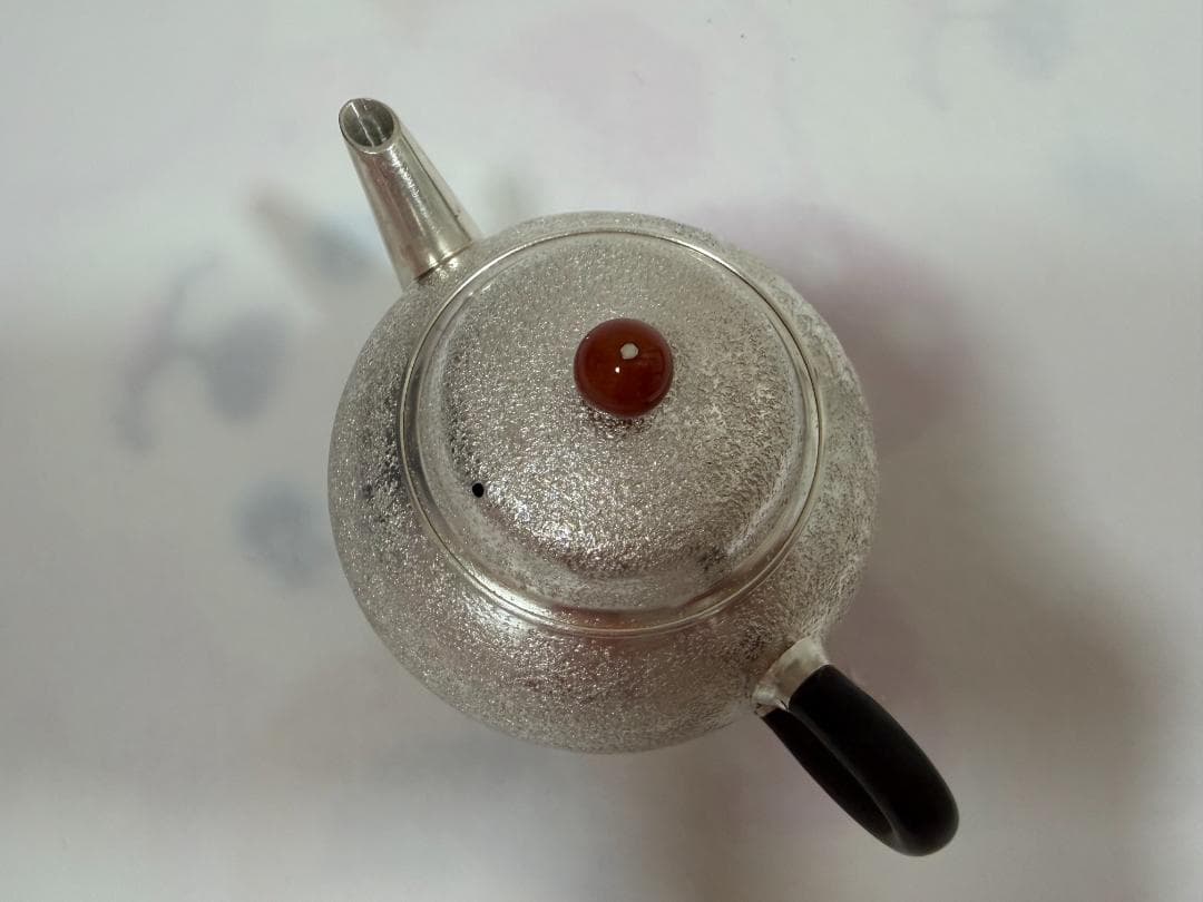 純銀製 葉文様 玉石摘 急須 銀瓶 煎茶道具