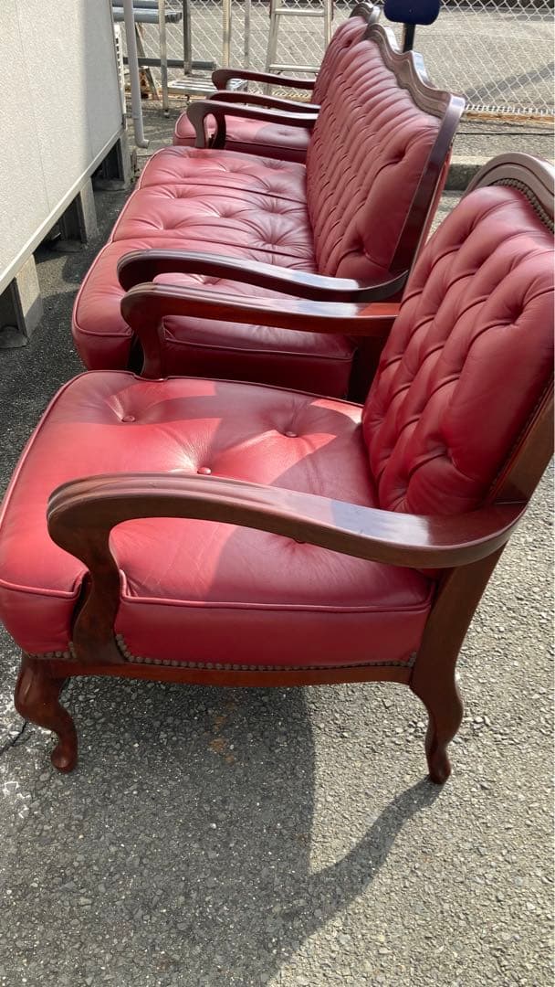西洋アンティーク革ソファ3点セット引き取り可能　送料別途必要