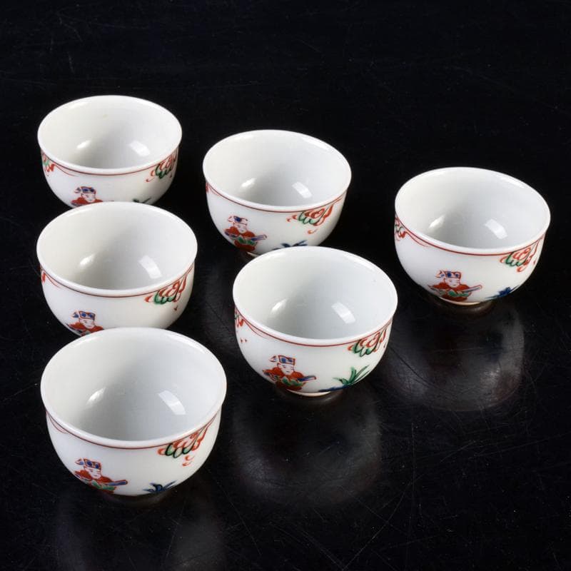 煎茶道具 九谷焼 赤絵 人物文 煎茶碗 六客 仕覆・時代箱付 M