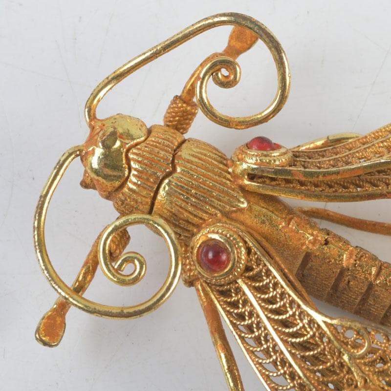 古銅鍍金 玉石装飾 蜻蛉など 昆虫 置物 4点まとめて V 9552