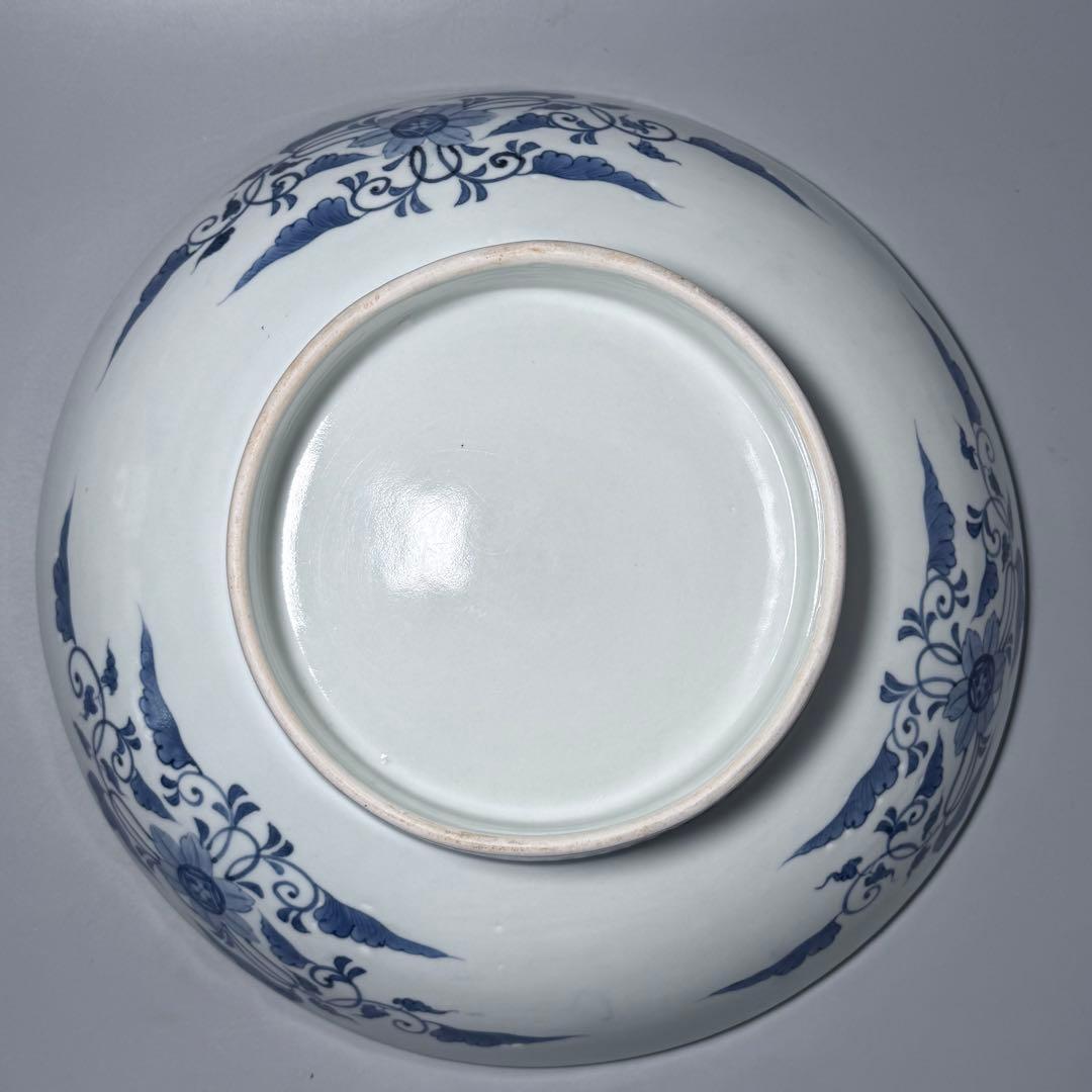 江戸後期 染付松竹梅大皿 後期鍋島 三方兜唐花文 高台櫛目文 桐箱付