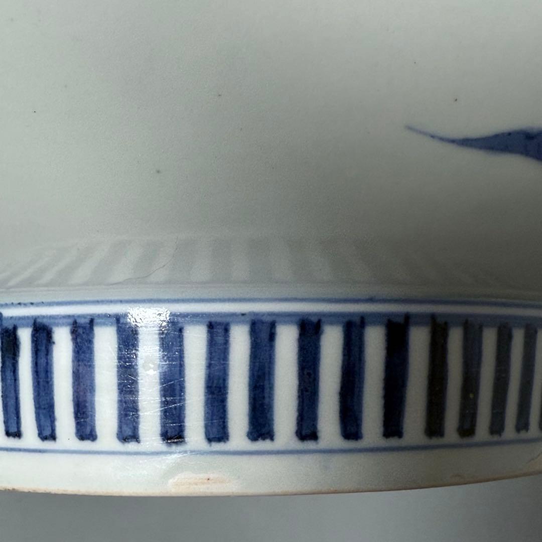 江戸後期 染付松竹梅大皿 後期鍋島 三方兜唐花文 高台櫛目文 桐箱付