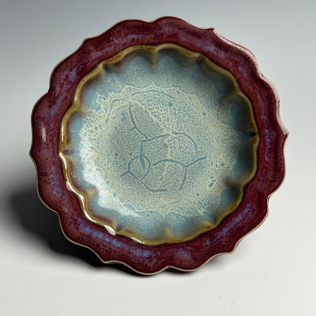 鈞窯 玫瑰紫釉陵花鼓釘三足洗 款 唐物 中国古玩 中国