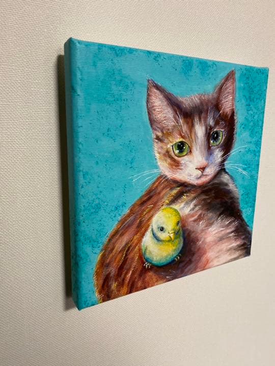 猫ちゃんとインコちゃん　アクリル画