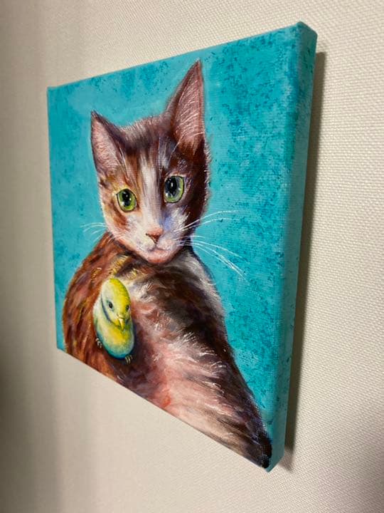 猫ちゃんとインコちゃん　アクリル画