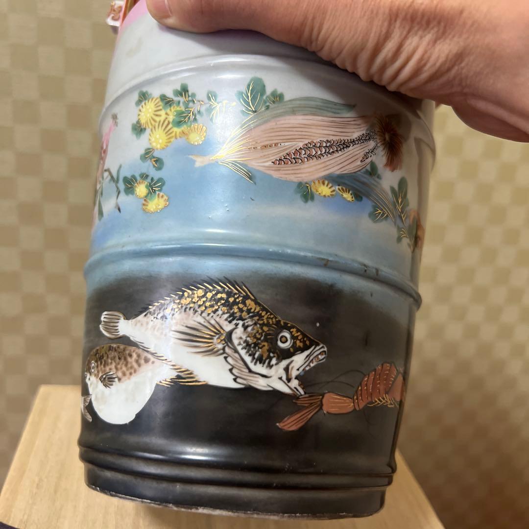 明治期超絶品九谷焼最高絵付　魚野菜尽くし手桶形水指　本物保証　逸品！