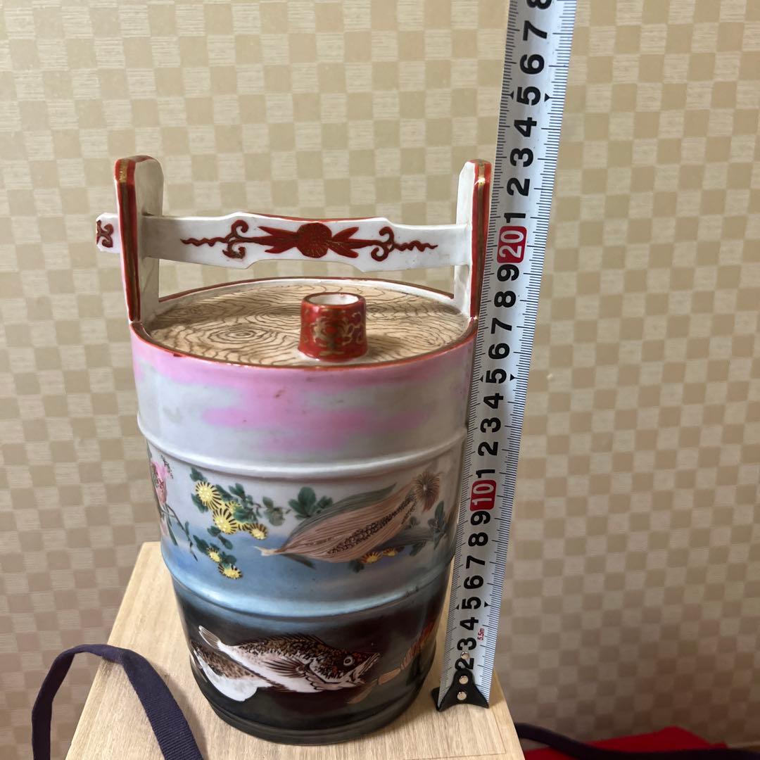 明治期超絶品九谷焼最高絵付　魚野菜尽くし手桶形水指　本物保証　逸品！
