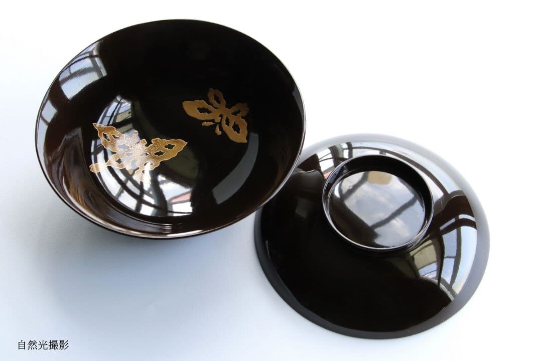 CK75 時代 木製漆器 輪島塗 蝶金蒔絵 黒塗椀 三客 天然木 梨地