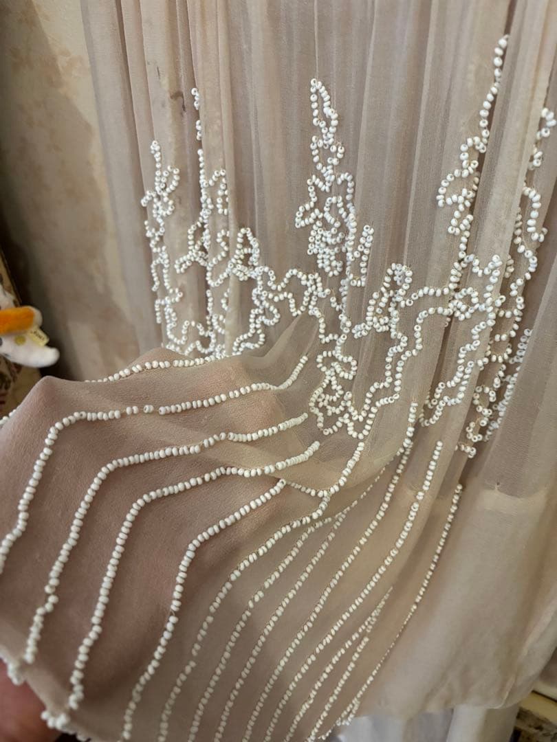 フランスアンティーク 絹シルクのエクリュカラー刺繍入りチュール