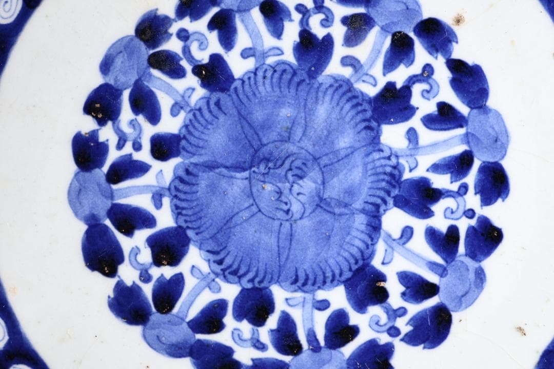 江戸中期 古伊万里 染付 大皿 花鳥風月図 角福銘 直径42㎝