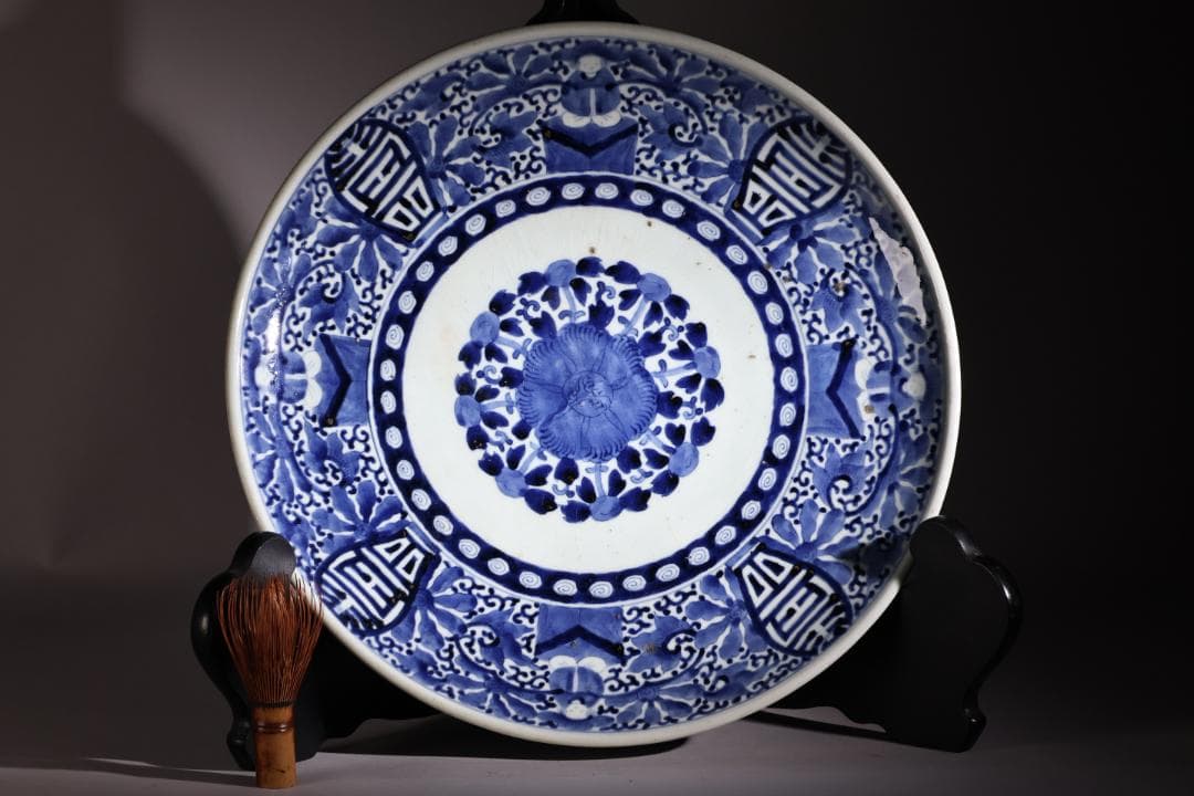 江戸中期 古伊万里 染付 大皿 花鳥風月図 角福銘 直径42㎝