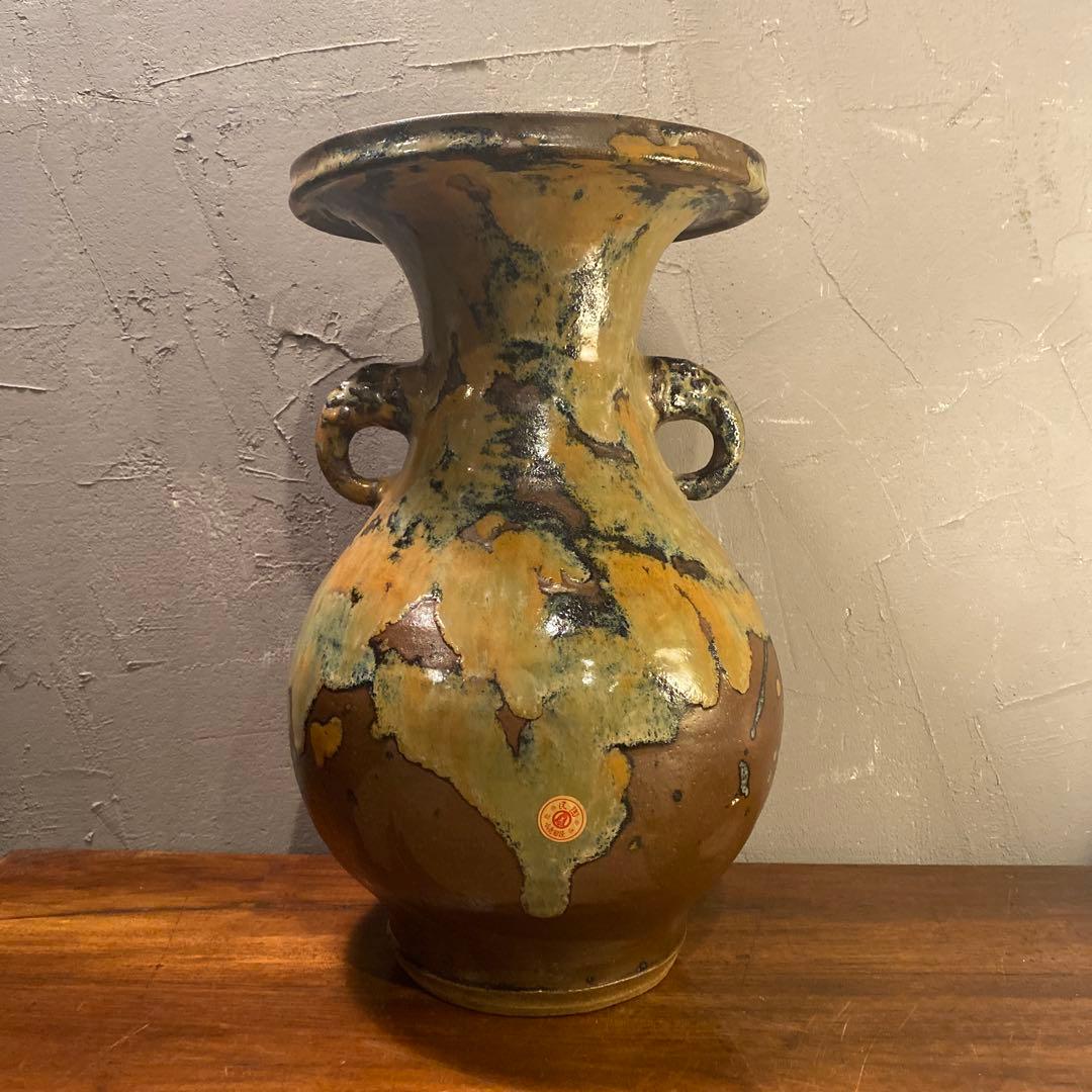 民陶 小鹿田焼 流釉 双耳広口大壺 花器 インテリア 骨董品