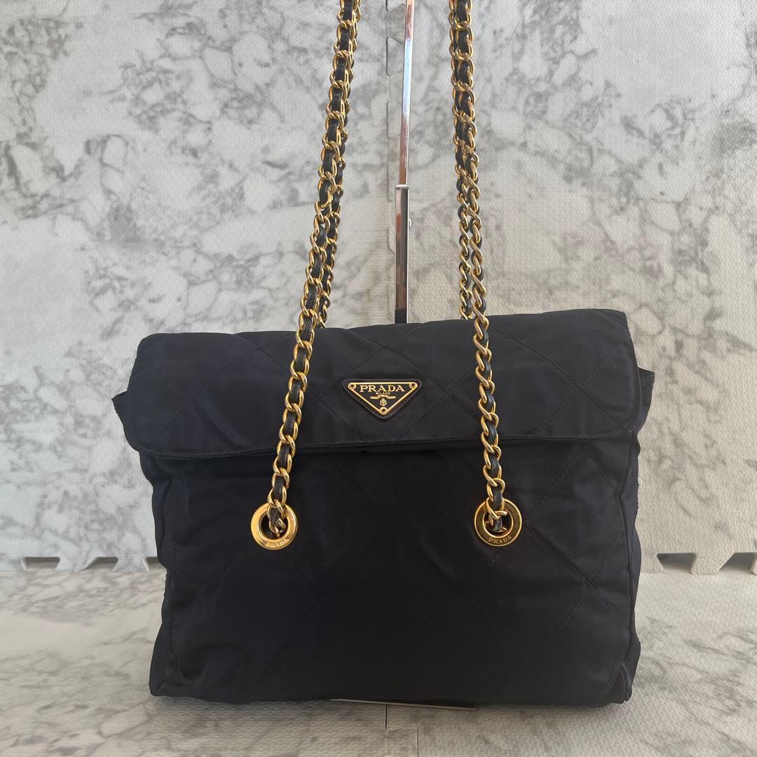 プラダ ダブルチェーン キルティング ショルダーバッグ ナイロン 三角ロゴ