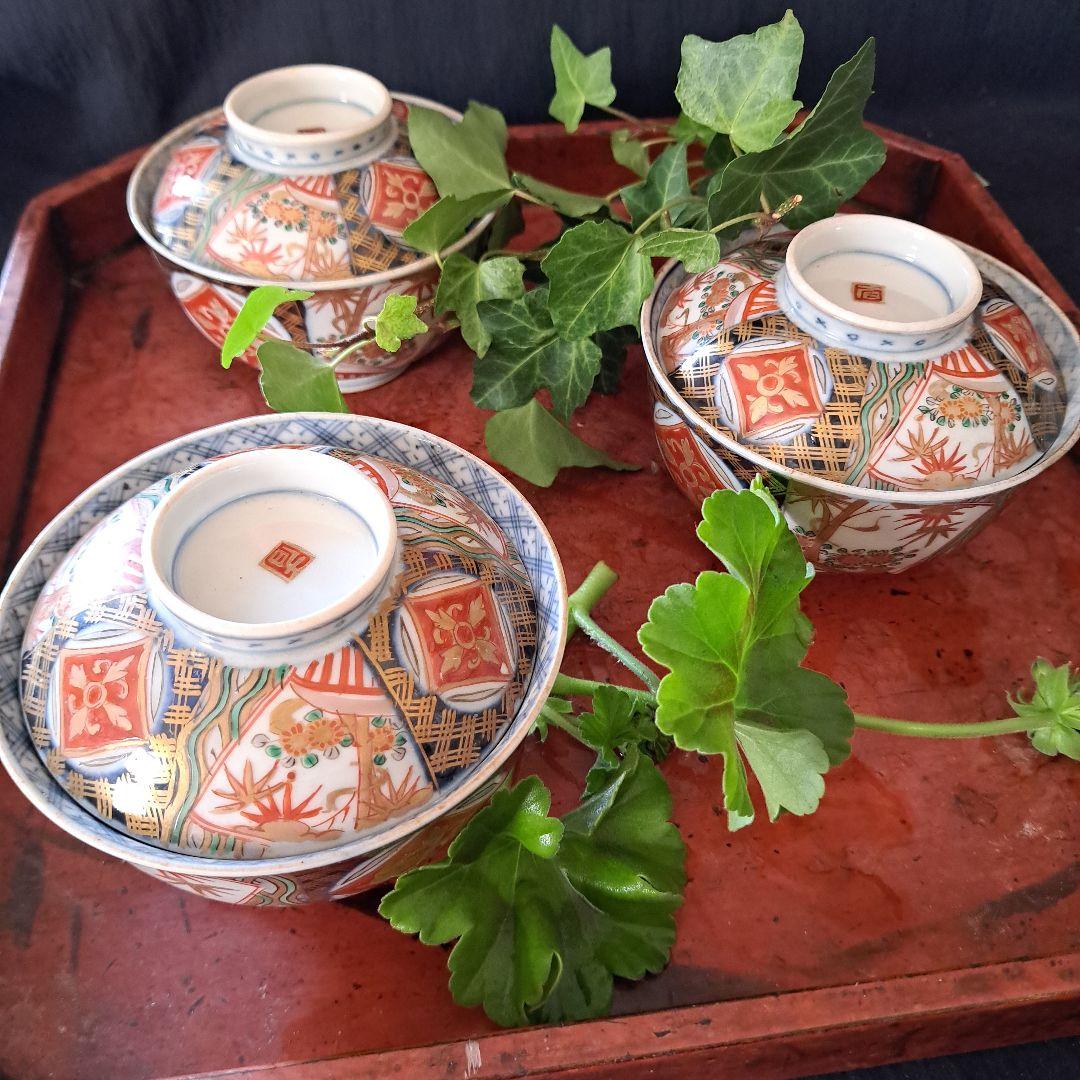 蓋茶碗の色絵とフォルムを楽しむ！」 古伊万里茶碗(直径11.5cm)3客