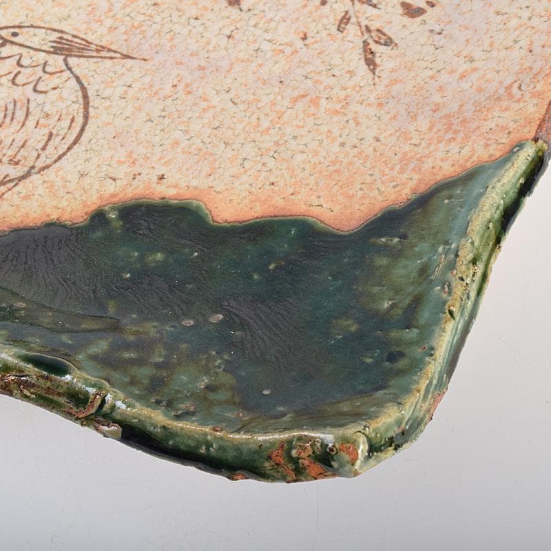 北大路魯山人作 織部焼 鳥絵 長四方皿 狙板 共布 極め箱 D R7695B