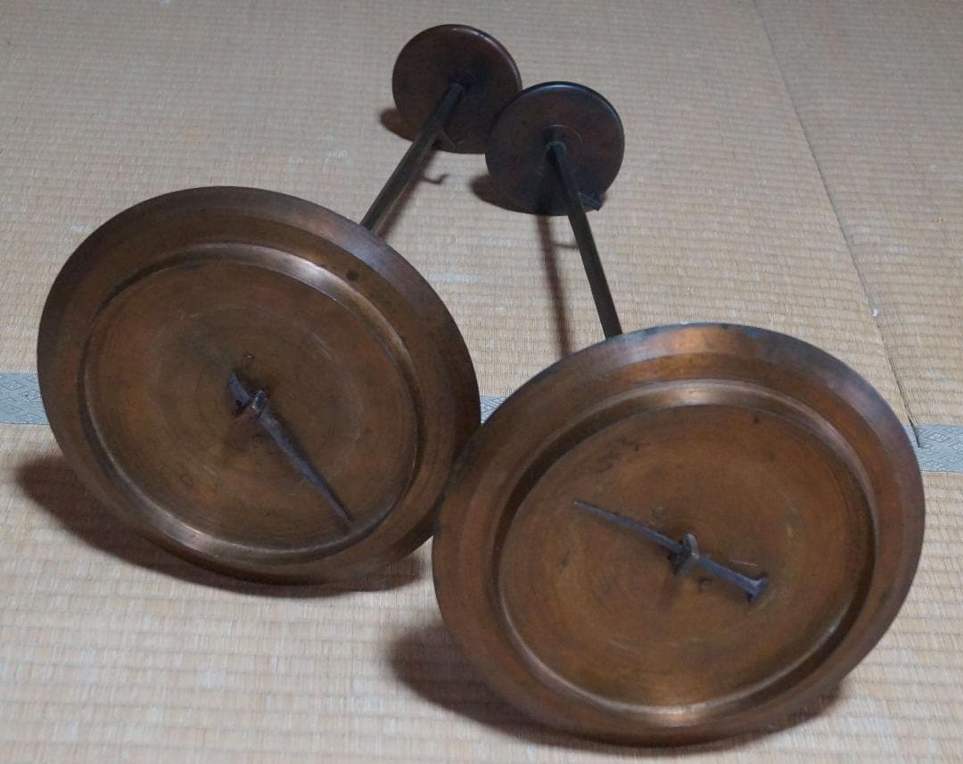 明治期 大型古銅製 桔梗座燭台 灯火器 蝋燭立 灯具一雙 蓋