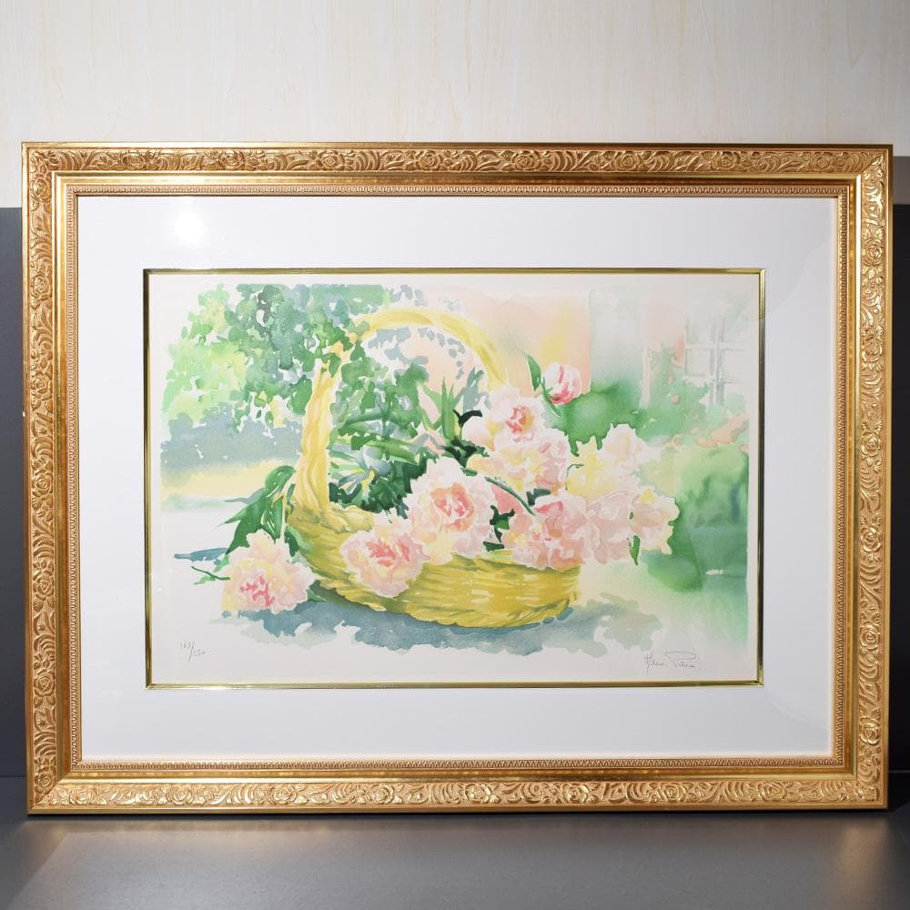 フランス画家 マリー・パラ 芳薬の花篭 水彩画 額装 絵画