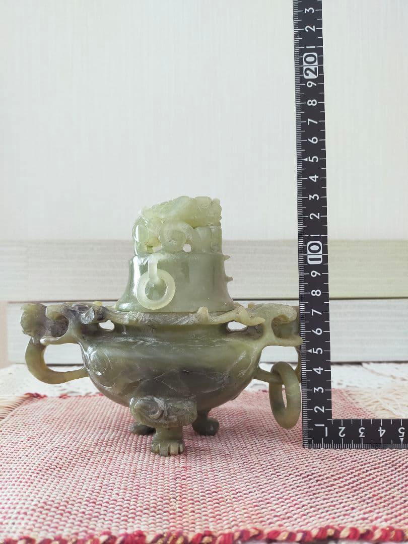 翡翠 天然石 三足 龍耳付き 龍神 風水 香炉 中国伝統美術彫刻 わけ有り