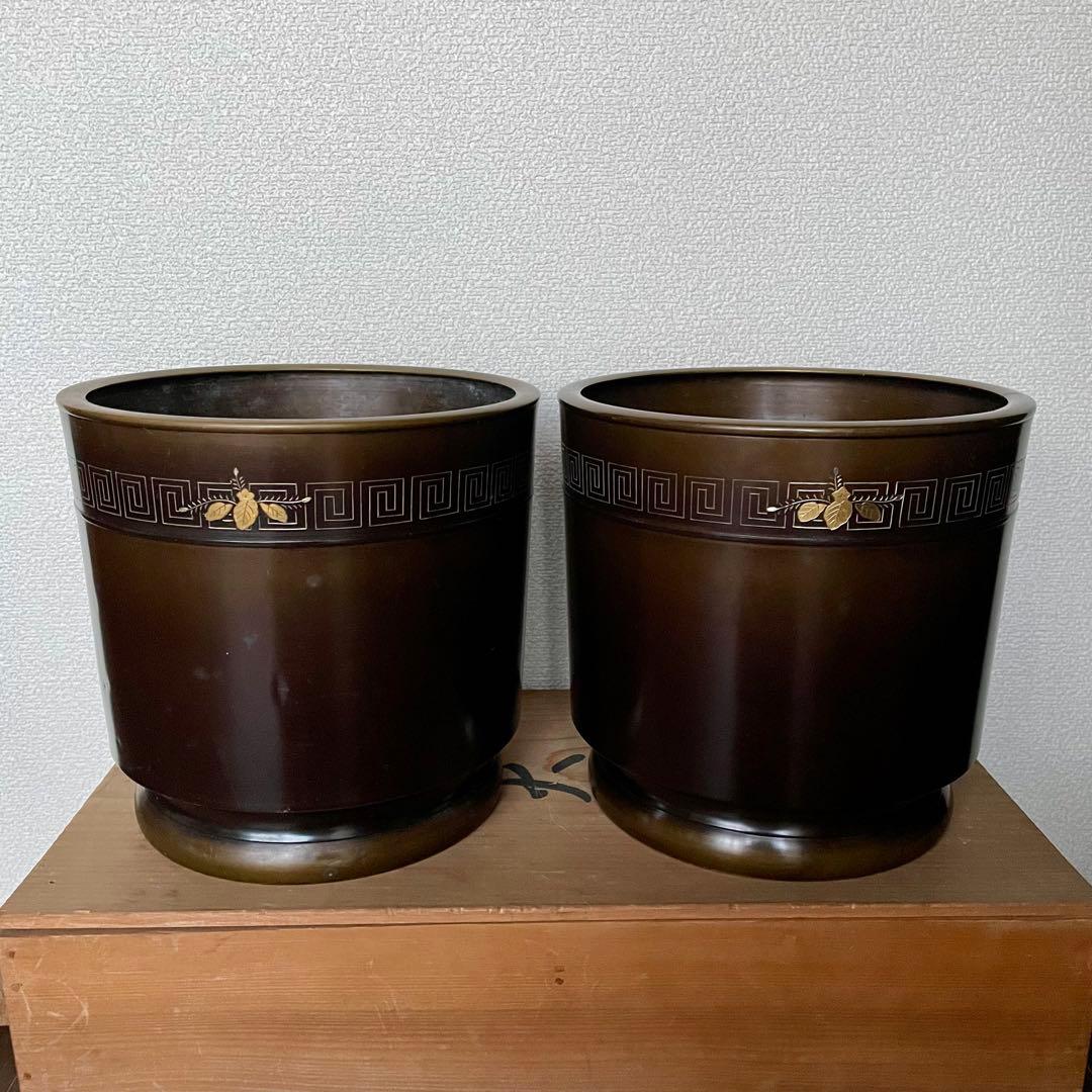 火鉢 一対（2点）木箱付 金属製 昭和レトロ 古道具 茶道具 和