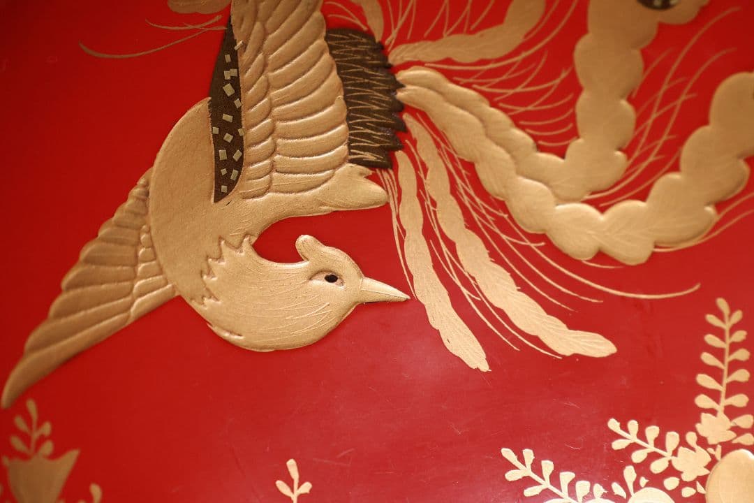 【MA776】時代木製漆器 桐鳳凰・菊 金蒔絵 朱塗 引盃 五客 木製漆器 小皿