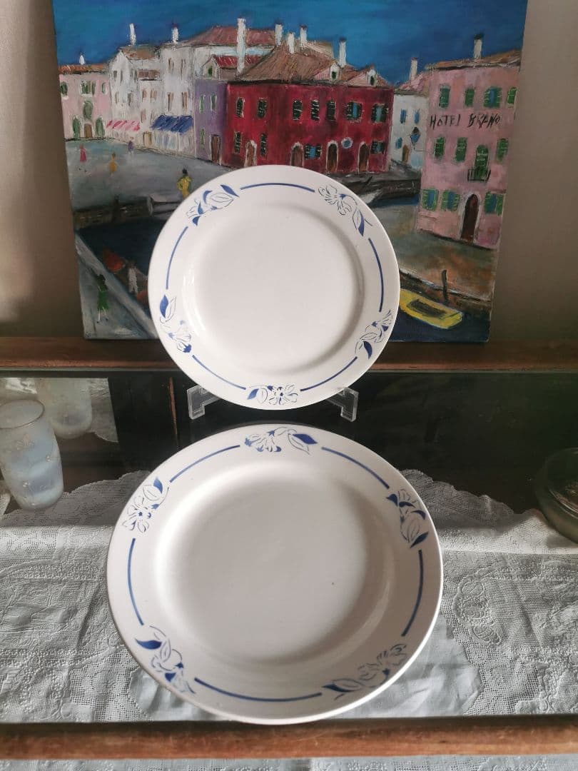 アンティーク クレイユモントロー インディゴの水仙 22㎝プレート2枚