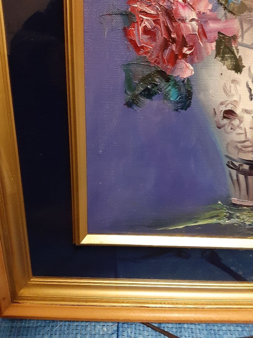 バラ 薔薇 花束 油彩画 金色フレーム 油絵　作者不明