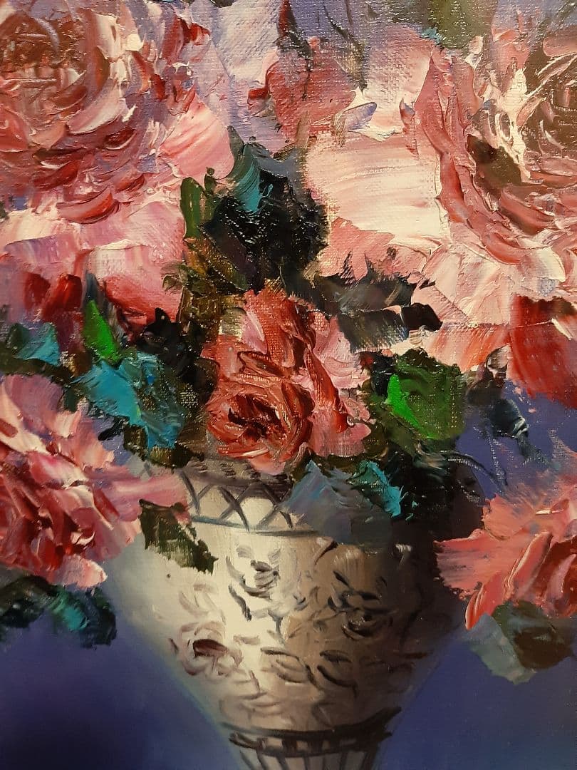 バラ 薔薇 花束 油彩画 金色フレーム 油絵　作者不明