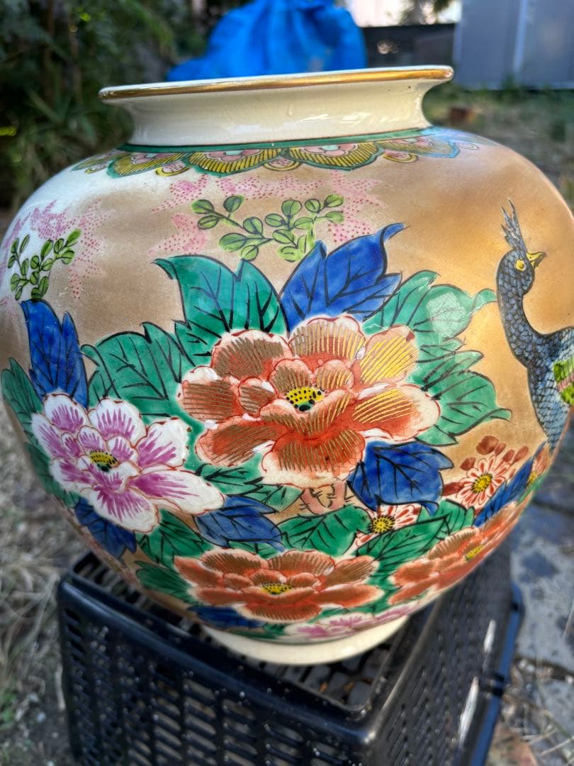花と鳥の絵柄 陶器花瓶 約30cm 陶器製花瓶 花と鳥の 陶器製 花瓶 花と