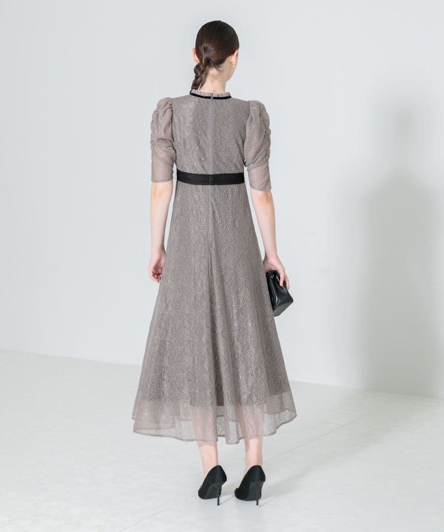 新品タグ付【LEJA】ウエストマークパフスリーブ総レースロングドレス