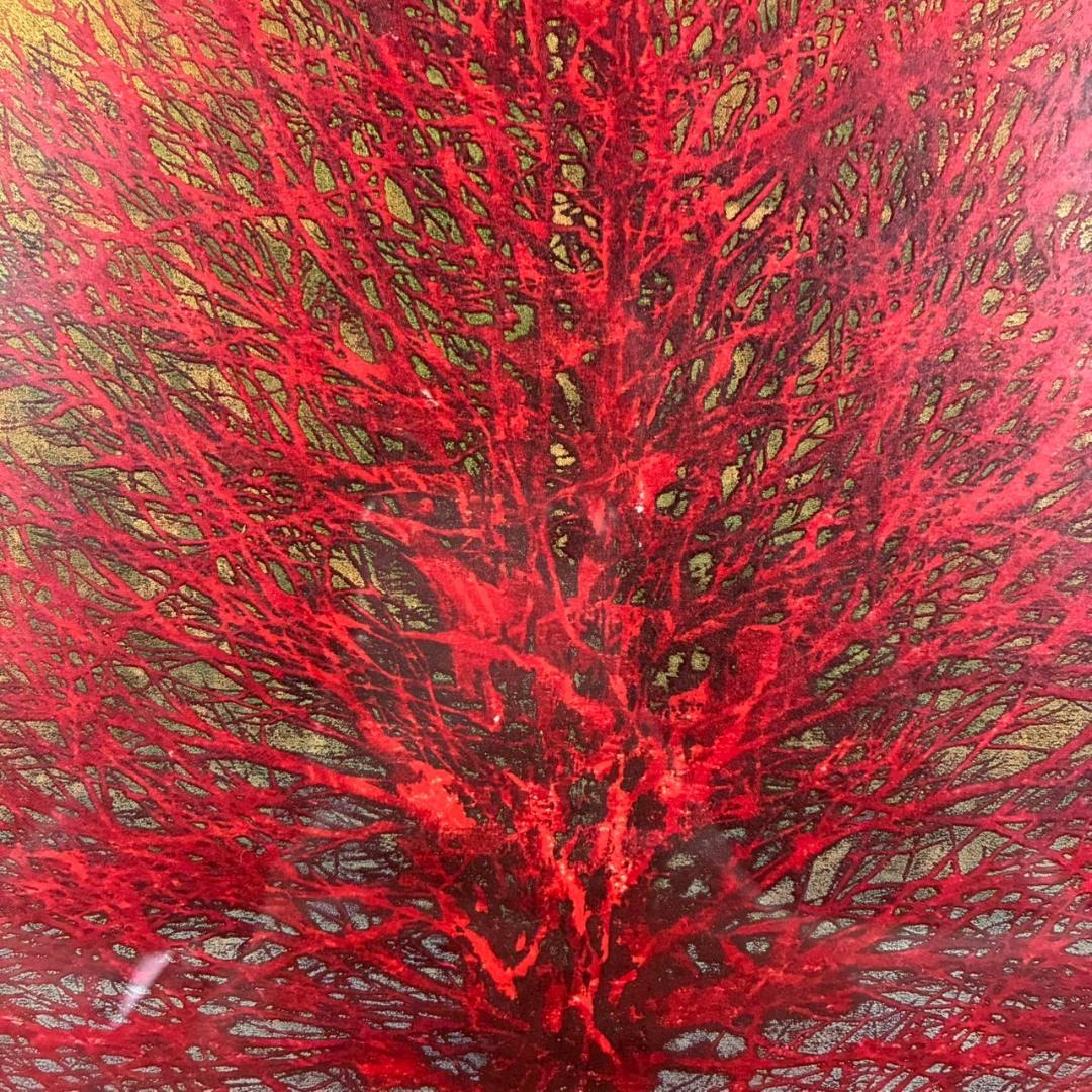 星襄一「梢（赤）」木版画 直筆サイン入り 1973年作 額縁入り 樹の木版