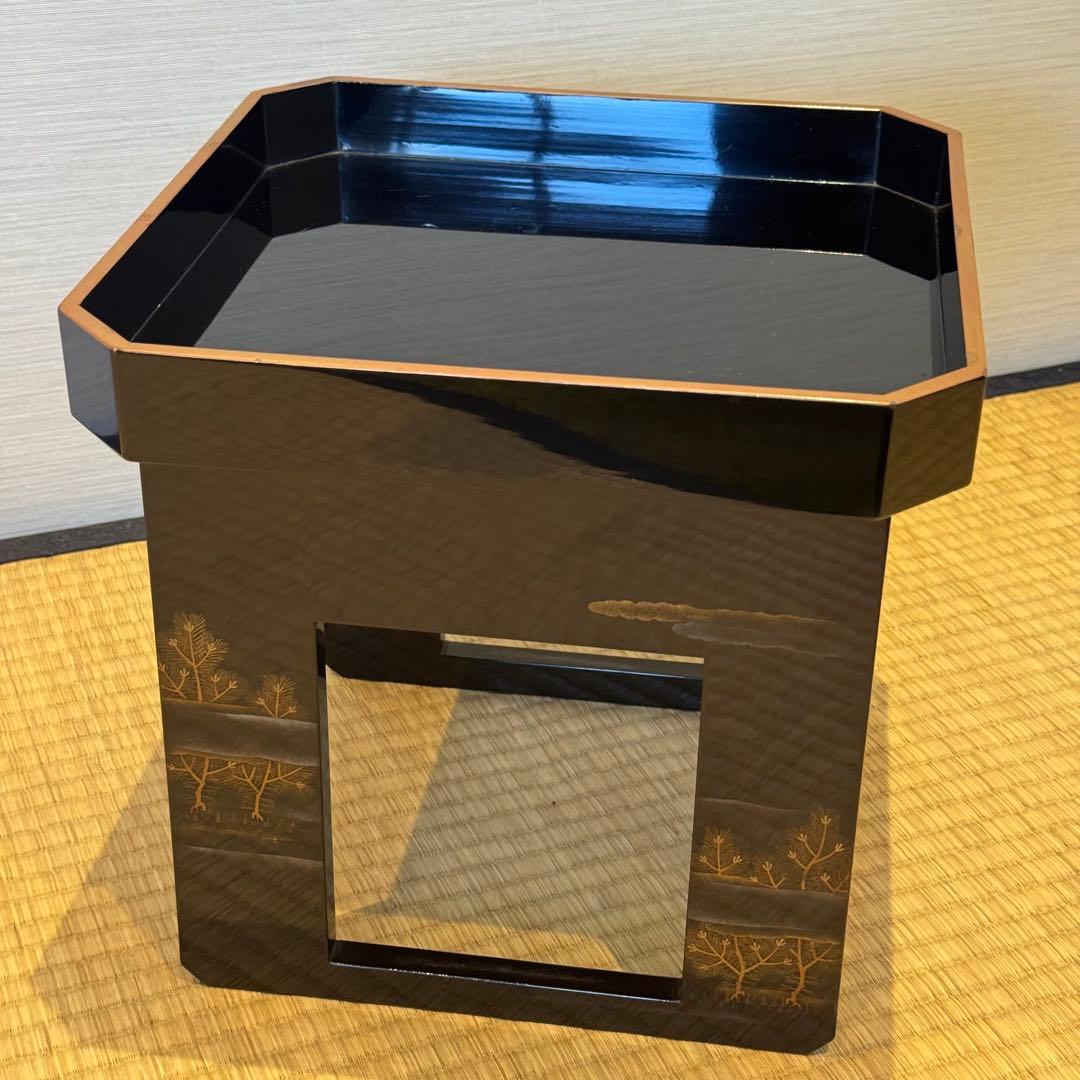 霞に若松研ぎ出し蒔絵 黒塗 脚付御膳 共箱 蔵出し品 / 輪島塗 配膳台 供物台